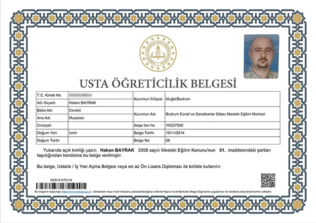 Usta Öğreticilik Belgesi